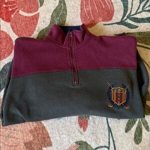 Vintage Bugle Boy 1/4 Zip Fleece Pullover Sweatshirt Green Red Embroidered XL